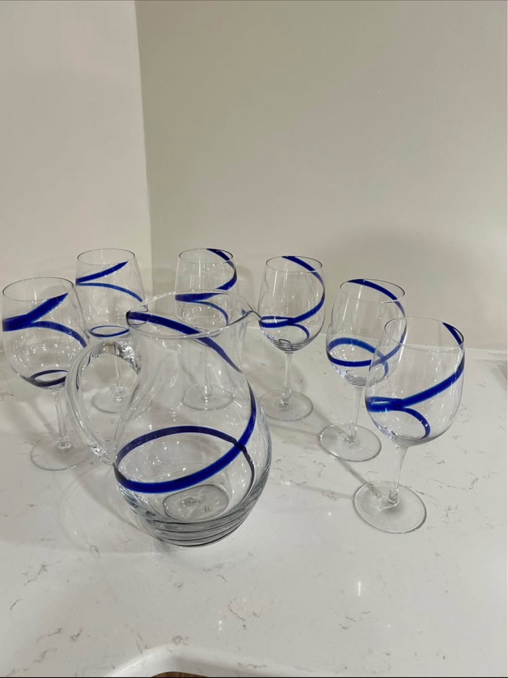 Pier 1 Clear Glass Pitcher and Wine Glasses with Blue Ribbon Accent
